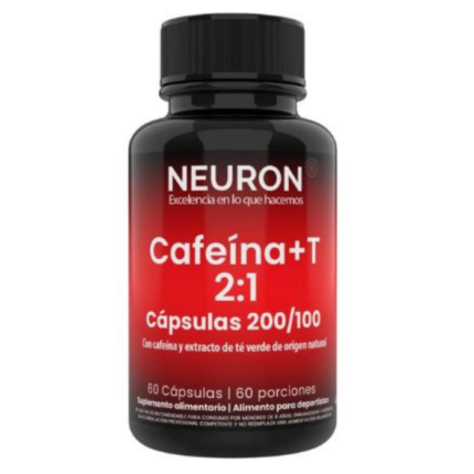 Envase del suplemento Cafeína + Teanina 2:1 de Neuron, con 60 cápsulas de 200 mg de cafeína y 100 mg de extracto de té verde.