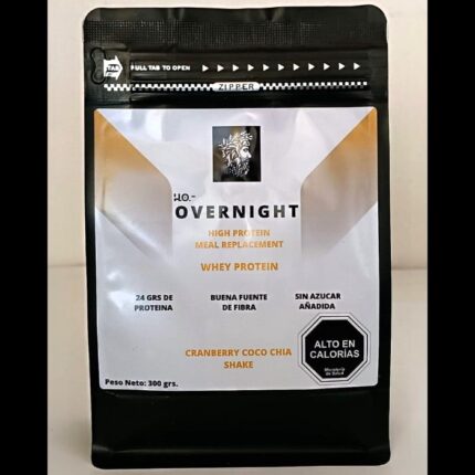 Envase de 300g de Overnight Whey Protein Cranberry Coco Chía con proteínas de alta calidad, avena integral, cranberry, coco deshidratado y chía.